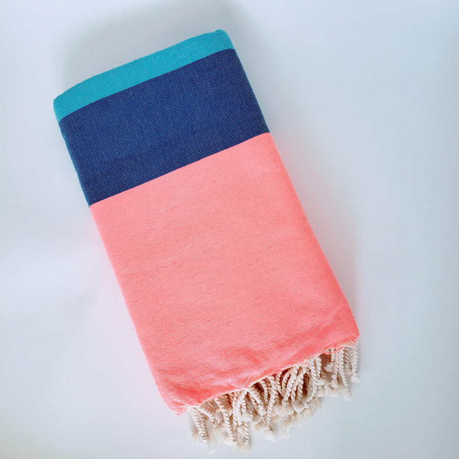  Turkish textile double sized towel and blanket in blue & hot pink 